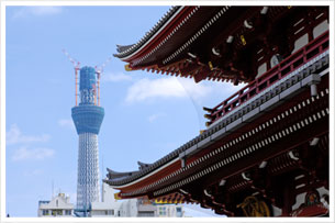 浅草五重塔と建設中の東京スカイツリー（2010年9月撮影）