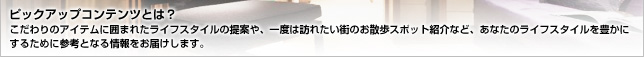 ピックアップコンテンツとは？　ピックアップコンテンツでは、住んでみたい街・人気の街・行きたい街・憧れのライフスタイル・資産運用等をご紹介していきます。