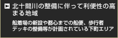 北十間川の整備に伴って利便性の高まる地域 船着場の新設や都心までの船便、歩行者デッキの整備等が計画されている下町エリア